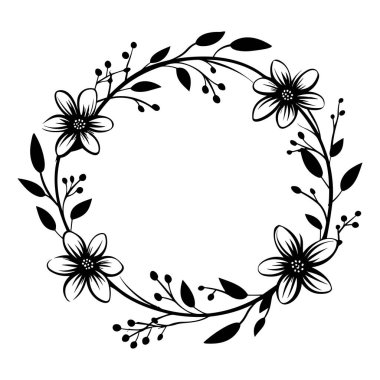 A stunning black and white illustration of a floral wreath featuring intricate flowers and leaves, perfect for decor and artistic projects.