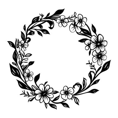 This elegant hand-drawn floral wreath design features a beautiful arrangement of leaves and flowers, ideal for invitations and decorative purposes.