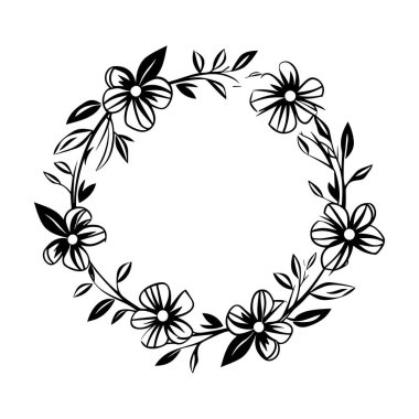 A beautiful black and white floral wreath featuring delicate flowers and lush leaves. Perfect for a variety of creative design projects.