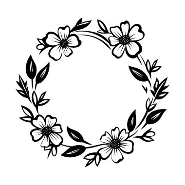 This elegant floral wreath design features delicate flowers and lush leaves. Perfect for invitations, decor, and various creative projects.