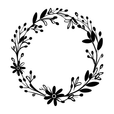 This elegant floral wreath design features hand-drawn leaves and flowers in a sleek black silhouette on a crisp white background. Perfect for decoration.