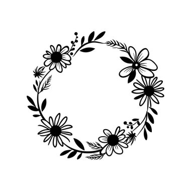 This elegant black and white floral wreath showcases a variety of flowers and leaves, perfect for invitations, branding, and art projects.