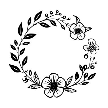This elegant hand-drawn floral wreath features intricate leaves and blossoms, perfect for enhancing decorative projects and artistic endeavors.
