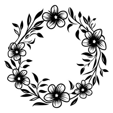 This elegant floral wreath design showcases beautifully hand-drawn flowers and leaves in black and white, perfect for a range of decorative projects.