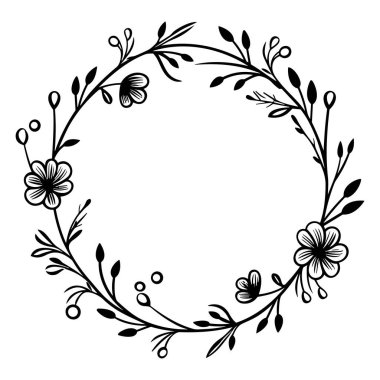This elegant black and white floral wreath design features intricate details of flowers and leaves, perfect for various decorative applications.