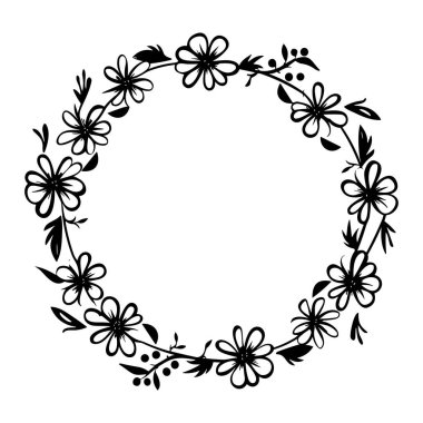 Elegant black floral wreath design featuring delicate flowers and leaves arranged in a circle, ideal for crafts, events, and decor. Perfect for invitations and backgrounds.