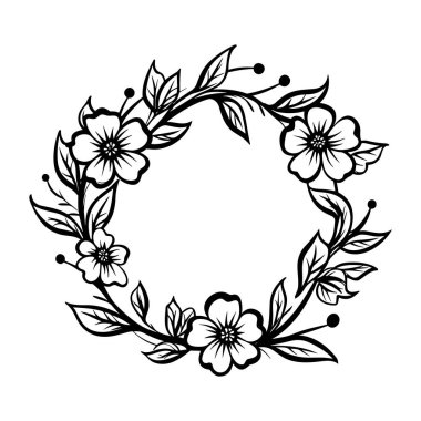 This elegant black and white floral wreath features intricate leaves and delicate blossoms, perfect for artistic decoration and design inspiration.