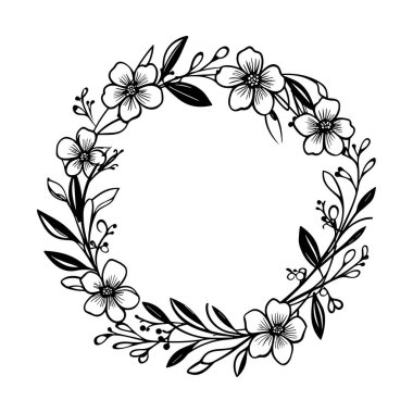This elegant black and white floral wreath design showcases intricate flowers and leaves, perfect for various creative projects and nature themes.