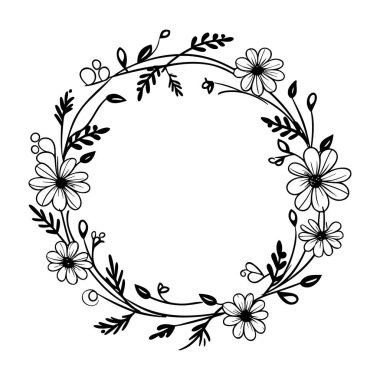This elegant floral wreath design features a variety of delicate flowers and leaves in a minimalist black and white style, perfect for various creative projects.