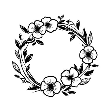 A detailed black and white floral wreath featuring delicate flowers and leaves. Perfect for crafting, design projects, and elegant decorations.