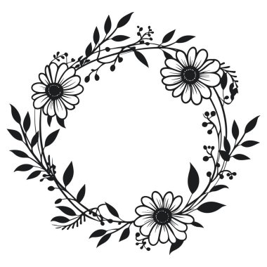 This elegant black and white floral wreath design showcases intricate daisies and leaves, perfect for artistic projects and decorative themes.