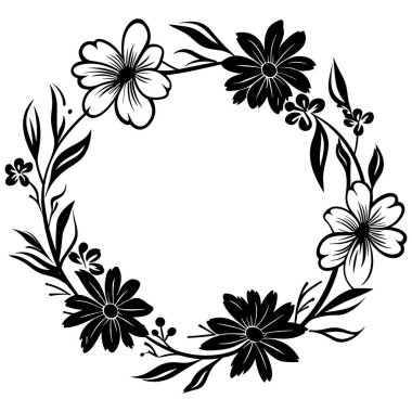 Elegant black and white floral wreath design featuring various flowers and leaves, perfect for decoration, invitations, and artistic projects.