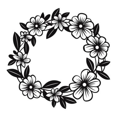 This elegant black and white floral wreath design features a variety of delicate flowers and leaves, perfect for invitations, decor, or artistic projects.