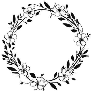 This elegant black floral wreath outline features delicate flowers and leaves. Perfect for use in invitations, artwork, and decorative designs.