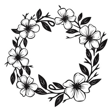 This elegant floral circular frame showcases beautiful flowers and leaves in black and white, perfect for various decorative purposes and designs.