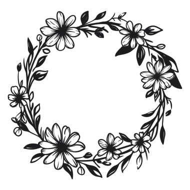 A charming black and white illustration of a floral wreath, featuring various flowers and leaves, perfect for seasonal designs and decor.