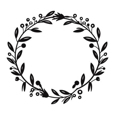 This circular black floral frame features intricate leaves and berries, perfect for enhancing invitations, crafts, and design projects with a touch of elegance.