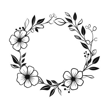 This elegant black and white floral wreath features a beautiful arrangement of flowers and leaves, perfect for creative and artistic projects.