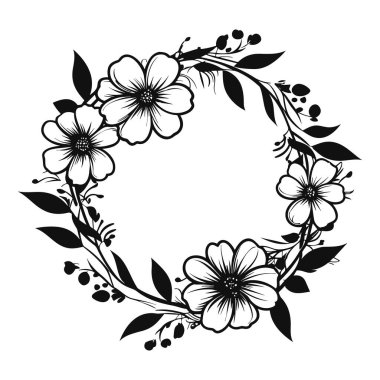 Unique black outline floral wreath design featuring five elegant flowers and lush leaves, perfect for creative projects and decorations.