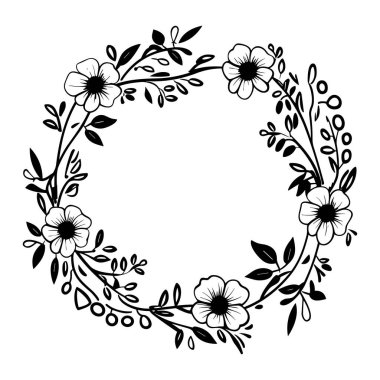 This elegant black and white floral wreath features intricate flowers and leaves, perfect for creative decoration and artistic projects.