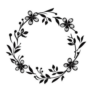 This elegant floral wreath design features hand-drawn flowers and leaves, perfect for invitations, decorations, and various crafts.