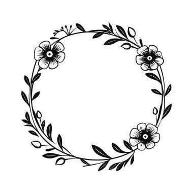 This elegant black and white floral frame features intricate leaves and blooming flowers, perfect for adding a touch of nature to any design project.