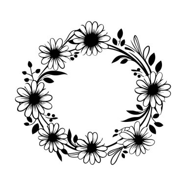 Elegant black and white floral wreath design featuring daisies and leaves, ideal for creative projects like invitations, decor, and prints.