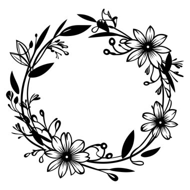 This elegant black and white floral wreath features intricate details of flowers and leaves, perfect for nature-inspired art projects and crafts.