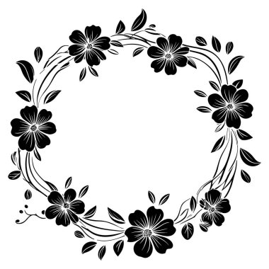 Beautiful black floral wreath design showcasing stunning flowers and leaves. Ideal for use in various decorations, invitations, and artwork.