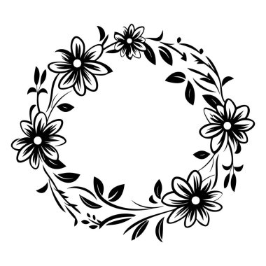 This elegant black and white floral wreath design features beautiful blossoms and leaves, perfect for various artistic or decorative uses.