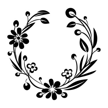This elegant floral frame design features intricate leaves and flowers in a black silhouette, perfect for enhancing creative projects and designs.