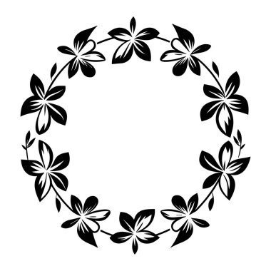 This sophisticated floral wreath design showcases intricate black flowers and leaves arranged in a circular format, ideal for various decorative projects.