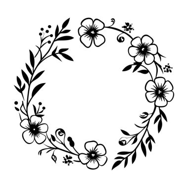 A stunning black and white floral wreath featuring intricate designs of flowers and leaves, perfect for nature-themed projects and decor.
