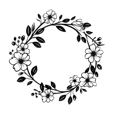 This elegant floral wreath features hand-drawn blossoms and delicate foliage, ideal for invitations, greeting cards, and decorative art.