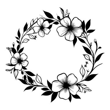 A stunning black and white floral wreath filled with beautiful flowers and delicate leaves, perfect for invitations, decor, and more.