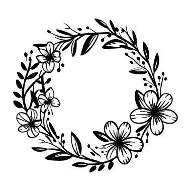 This elegant black and white floral wreath design features delicate flowers and leaves, perfect for creative projects, invitations, or decor.