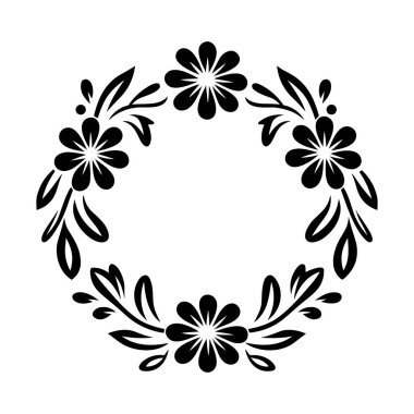 This elegant floral wreath design presents a beautiful arrangement of flowers and leaves in a striking black silhouette, perfect for decorations.