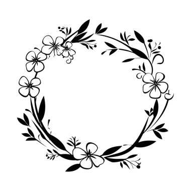 This elegant black and white floral wreath design features intricate leaves and blossoms, making it perfect for invitations, decorations, and artistic projects.