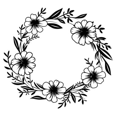 This elegant black and white floral wreath design features intricate flowers and leaves, perfect for decorative projects and artistic purposes.