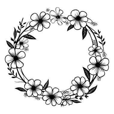 This hand-drawn floral wreath features a harmonious arrangement of various flowers and leaves in a circular shape, perfect for invitations.