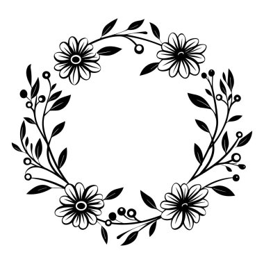 This black and white floral wreath features elegant flowers and leaves, perfect for creative projects, invitations, or artistic designs.