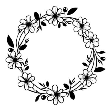 This elegant floral wreath design features simple blossoms and delicate foliage, perfect for charming decorative elements in various projects.