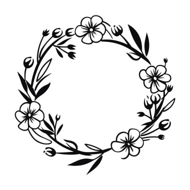 Stunning black floral circle frame featuring a variety of flowers and leaves, perfect for invitations, crafts, and artistic designs.