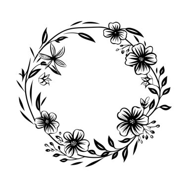 This elegant hand-drawn floral wreath design features delicate flowers and lush foliage, ideal for various creative projects and decorations.
