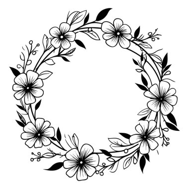 A beautiful black and white line art floral wreath featuring flowers and leaves, ideal for various creative projects and invitations.