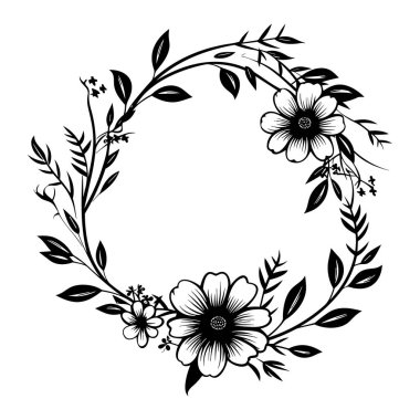 This elegant floral wreath features detailed flowers and leaves, perfect for decoration or artistic projects. Ideal for invitations or prints.