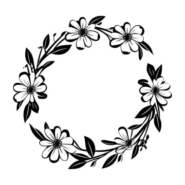 This beautiful black and white floral wreath features delicate flowers and leaves, ideal for artistic decoration and creative projects.