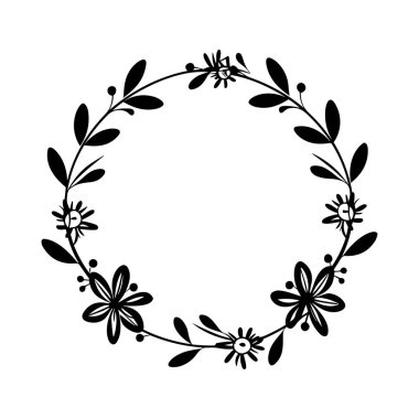 This elegant black floral wreath outline showcases intricate flowers and leaves, perfect for crafting, invitations, and decorative projects.