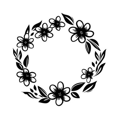 This stylish black and white floral wreath features beautiful flowers and delicate leaves, ideal for invitations, decor, or artistic projects.