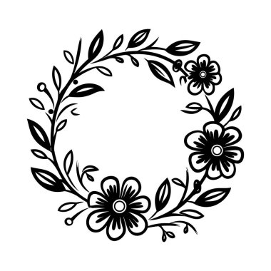 This stunning black and white floral wreath features delicate leaves and charming blossoms, perfect for enhancing projects, invitations, or decor.